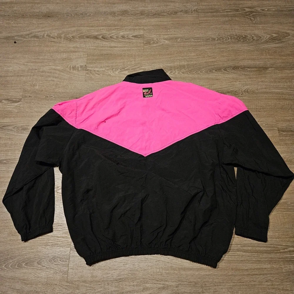 Vintage Surf Style Neon Pink Black Colorblock 1/4 Zip Windbreaker Jacket One Sz - Picture 11 of 14